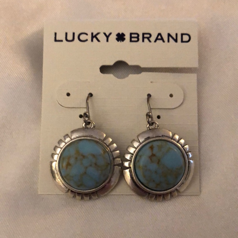 Lucky Brand Silver Tone Coin Drop Earrings Turquoise Accents NWT